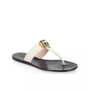 Gucci Marmont Thong Sandals Womens 42 12 Black Cream Leather GG Logo Flats Shoes